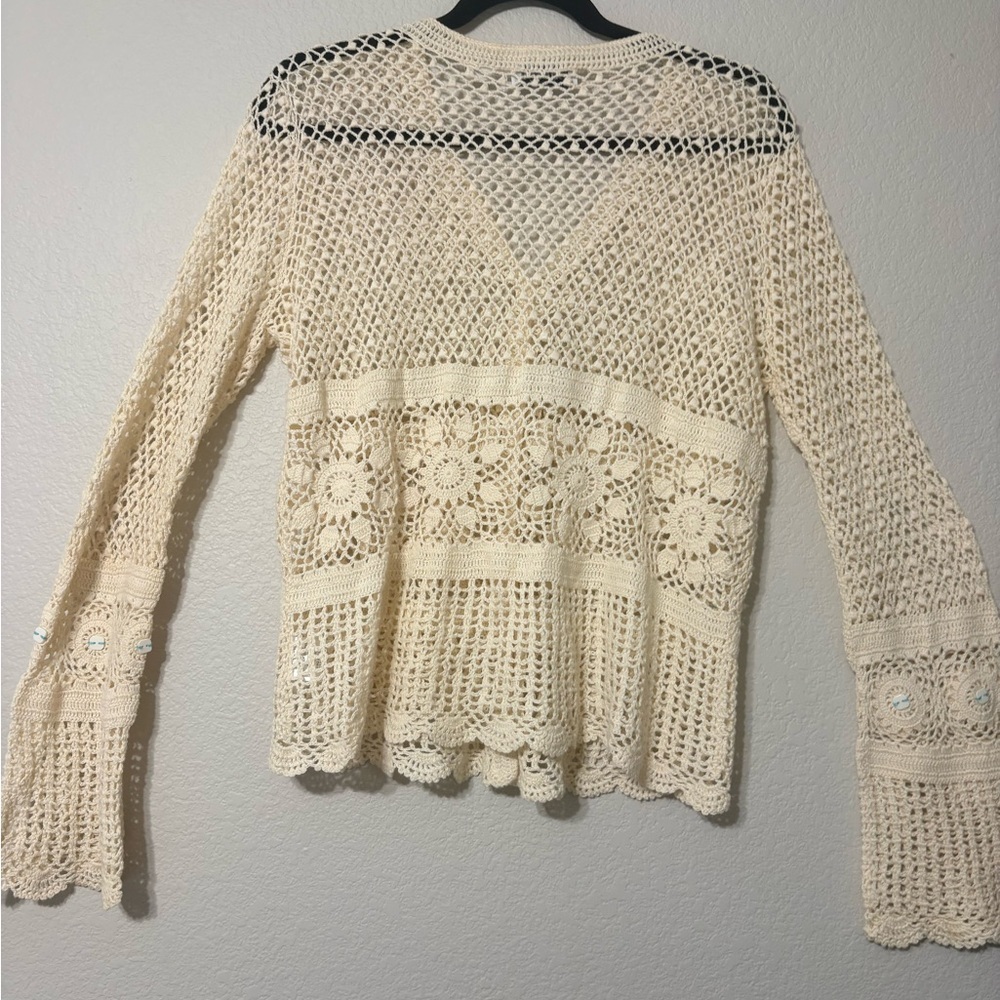 NorthStyle Cream‎ Crochet Open Knit Coastal Boho Cardigan Scalloped Edges Beaded - Picture 9 of 16